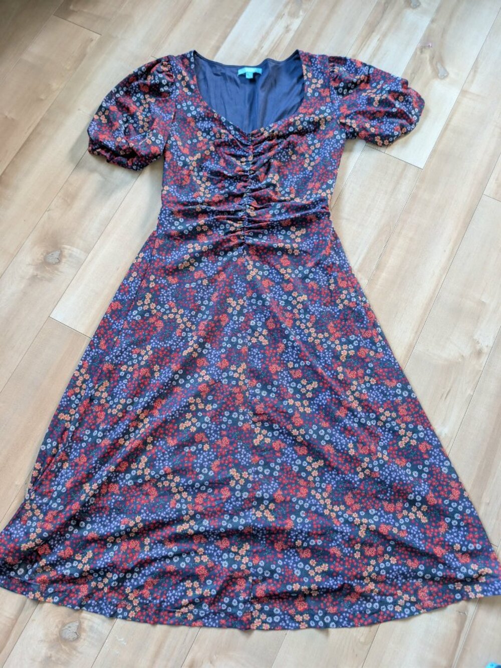 Draper James Ditsy Floral Puff Sleeve Ruched Midi Dress Navy S